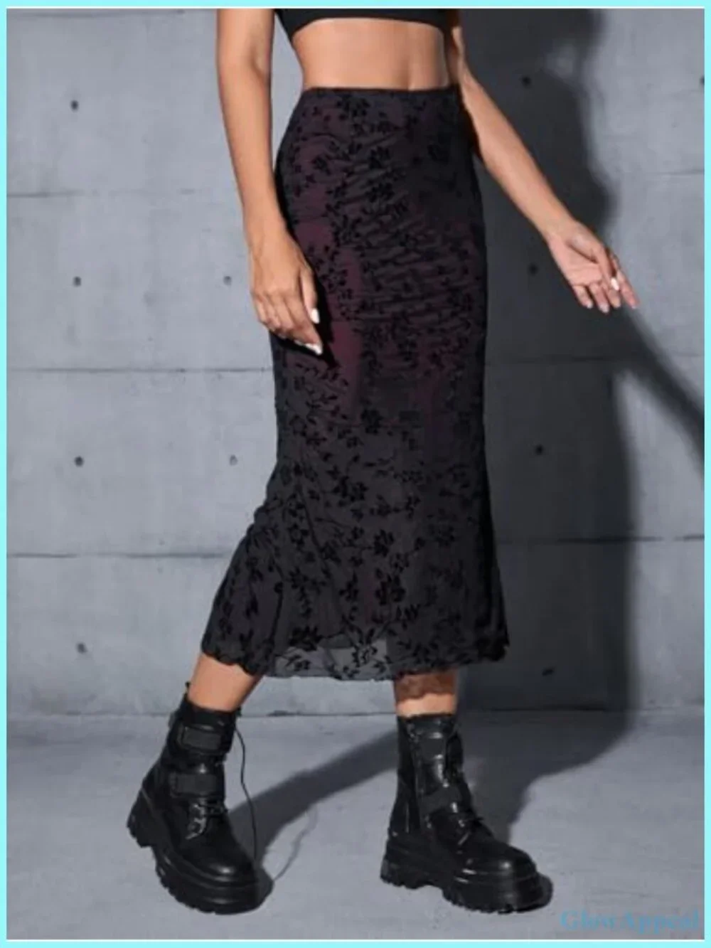 Women's Fishnet High Waisted Bodycon Skirt 90s Y2K Grunge Floral Goth Midi Skirt